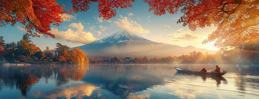 Majestic Mount Fuji Sunrise With Autumn Leaves and Boat on Lake photo