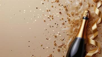 Champagne Bottle With Gold Confetti and Ribbon photo