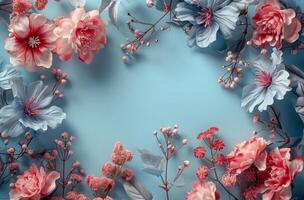 Pink Roses and Eucalyptus Sprigs Frame a Light Blue Background photo