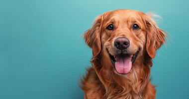 Golden Retriever Dog Smiling Against Blue Background photo