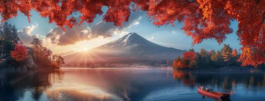 Majestic Mount Fuji Sunrise With Autumn Leaves and Boat on Lake photo