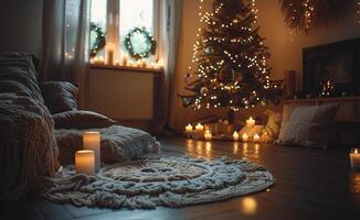 Cozy Christmas Bedroom With Decorated Tree And Candles photo