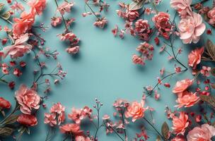Pink Roses and Eucalyptus Sprigs Frame a Light Blue Background photo