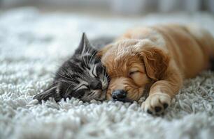 Adorable Kitten and Puppy Sleeping Together on a Soft Rug photo