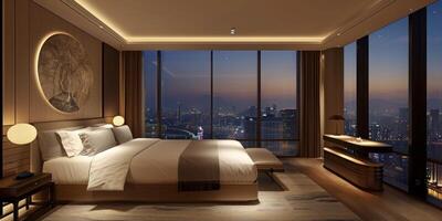 Modern Cityscape Bedroom With Nighttime View photo