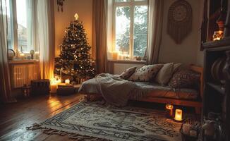 Cozy Christmas Bedroom With Decorated Tree And Candles photo