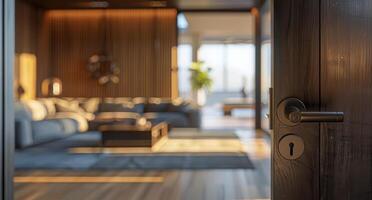 A View From the Open Doorway of a Modern Living Room With a Yellow Sectional Sofa photo