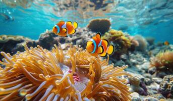 Two Clownfish Swimming Near a Sea Anemone in a Tropical Reef photo