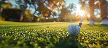 Golf Ball on Green Grass With Sun Shining Bright photo