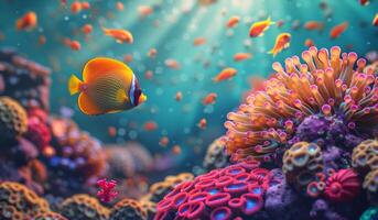 Two Clownfish Swimming Near a Sea Anemone in a Tropical Reef photo