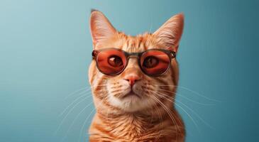 Orange Tabby Cat Wearing Sunglasses Against A Blue Background photo