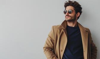 Man Wearing a Tan Overcoat and Sunglasses Posing Against a White Background photo