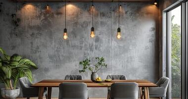 A Single Pendant Light Illuminates a Modern Dining Room photo