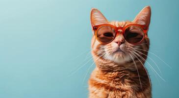 Orange Tabby Cat Wearing Sunglasses Against A Blue Background photo