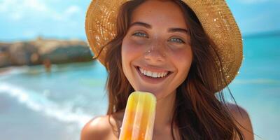Happy Woman Enjoying Summer Ice Cream on Beach photo