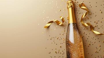 Champagne Bottle With Gold Ribbon and Confetti on Beige Background photo