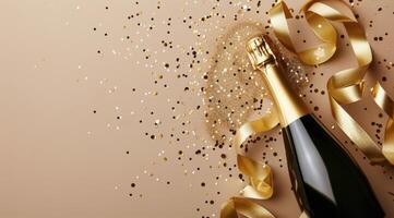 Champagne Bottle Surrounded by Gold Confetti and Ribbon on Beige Background photo