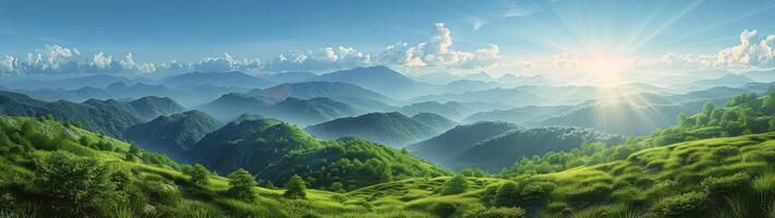 Mountainous Landscape With Foggy Peaks and Bright Sunlight photo