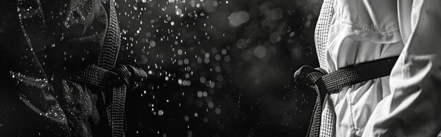 Black And White Karate Gi Belts With Water Droplets In The Background photo