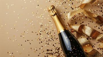Champagne Bottle Surrounded by Gold Confetti and Ribbon on Beige Background photo