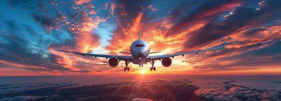 Airplane Flying Above Clouds During Sunset photo