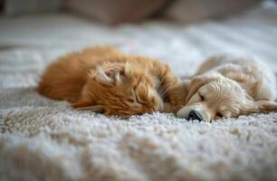 A Golden Retriever Puppy and a Ginger Cat Sleeping Together on a White Rug photo