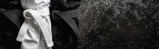 Black And White Karate Gi Belts With Water Droplets In The Background photo