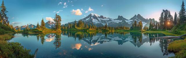 Majestic Mount Rainier Reflecting in Still Waters of a Mountain Lake photo