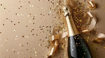 Champagne Bottle With Gold Confetti and Ribbon photo