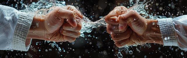 Two Fists Collide in a Rain of Water Drops photo