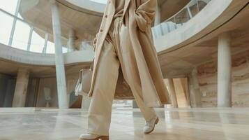 Woman Walking Through Modern Building in Beige Outfit photo