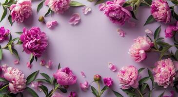 Pink Peonies Arranged Around a Purple Background photo