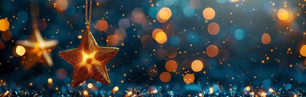 Golden Star Christmas Ornaments Hanging on Blue Background With Lights photo