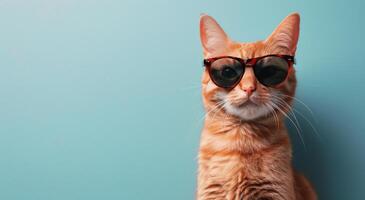 Orange Tabby Cat Wearing Sunglasses Against A Blue Background photo