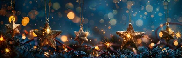Golden Star Christmas Ornaments Hanging on Blue Background With Lights photo