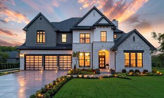 Modern White and Stone Suburban Home at Twilight photo