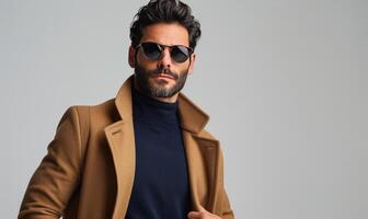 Man Wearing a Tan Overcoat and Sunglasses Posing Against a White Background photo
