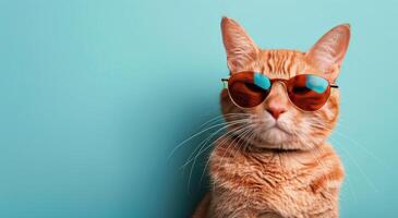Orange Tabby Cat Wearing Sunglasses Against A Blue Background photo