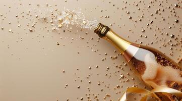 Champagne Bottle Popping With Golden Stars and Ribbon photo