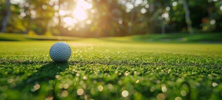 Golf Ball Resting on Green Grass With Sun Shining in Background photo