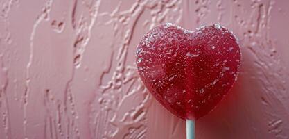 Close Up of a Red Heart Shaped Lollipop on Pink Background photo