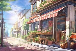 A charming street scene with quaint shops, cobblestone road, and a clear blue sky, evoking a serene and picturesque atmosphere video