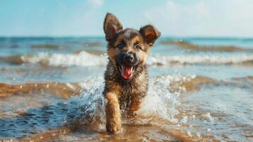 A wet, happy German Shepherd puppy runs through the shallows of the ocean. The puppy has a playful smile and wet fur. The water is clear and blue with whitecaps. photo