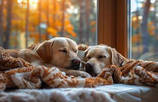 Two Golden Retrievers Napping by the Window on a Sunny Autumn Day photo