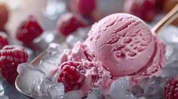 Spoon With Ice Cream and Raspberries photo