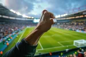Fans Fist Pump During a Soccer Game at a Stadium Under Cloudy Skies photo