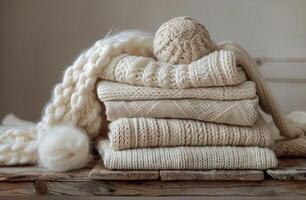Stacked Beige Knitted Sweaters and Yarn Ball on a Wooden Table photo