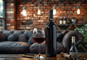 A Glass of Red Wine on a Rustic Table With Brick Wall Background photo
