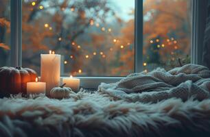 Cozy Autumn Window Seat With Candles and Pumpkin photo