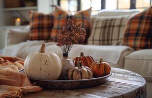 White Pumpkin and Dried Flowers Centerpiece on Rustic Coffee Table photo